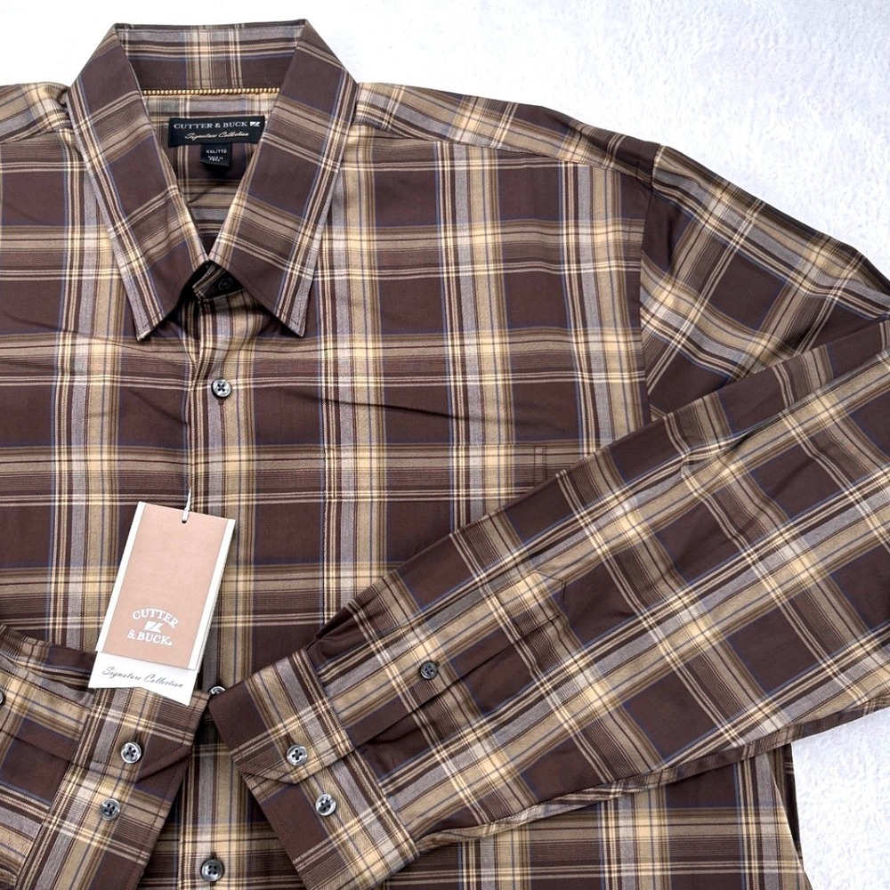 Cutter & Buck Signature Collection NWT Mens Button Down Shirt XXL Brown Plaid